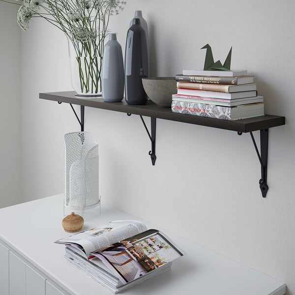 BERGSHULT / KROKSHULT wall shelf, brown-black/anthracite, 120x20 cm
