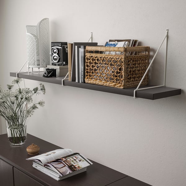 BERGSHULT / PERSHULT wall shelf, brown-black/white, 120x20 cm