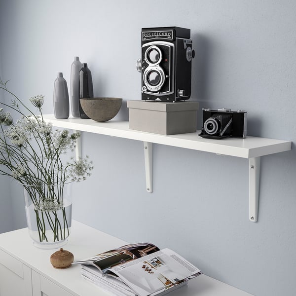 BERGSHULT / TOMTHULT shelf with bracket, white, 120x20 cm