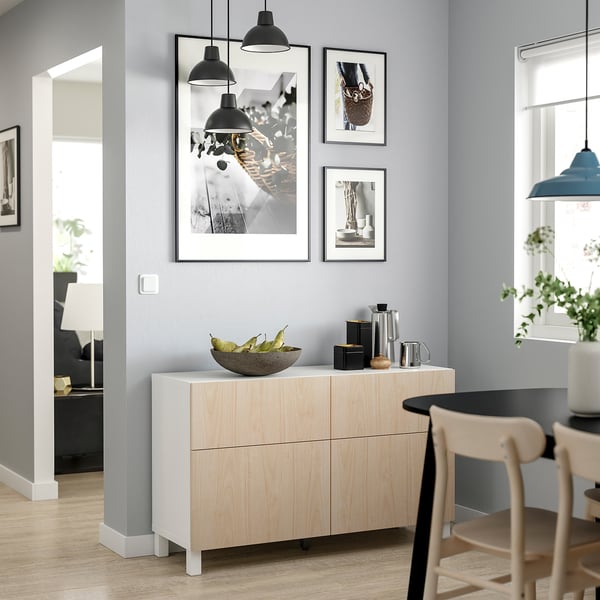 BESTÅ storage combination w doors/drawers, white/Fänrik/Stubbarp ash, 120x42x74 cm