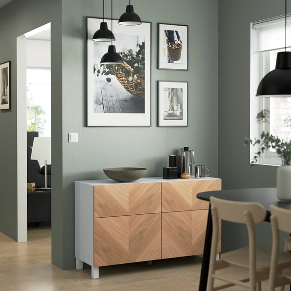 BESTÅ storage combination w doors/drawers, white/Hedeviken/Stubbarp oak veneer, 120x42x74 cm