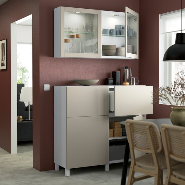 BESTÅ storage combination w doors/drawers, white Lappviken/Stubbarp/light grey-beige clear glass, 120x42x213 cm