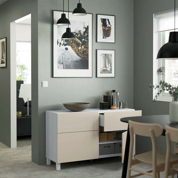 BESTÅ storage combination w doors/drawers, white/Lappviken/Stubbarp light grey-beige, 120x42x74 cm