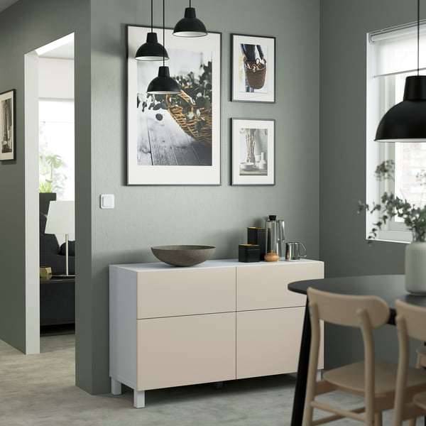BESTÅ storage combination w doors/drawers, white/Lappviken/Stubbarp light grey-beige, 120x42x74 cm