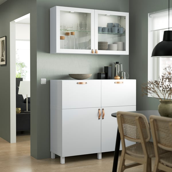 BESTÅ storage combination w doors/drawers, white/Lappviken/Stubbarp white clear glass, 120x42x213 cm