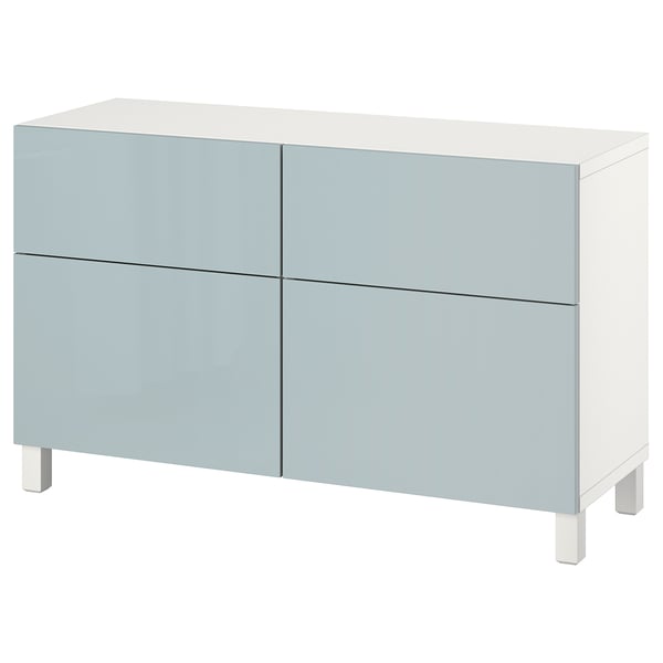 BESTÅ storage combination w doors/drawers, white Selsviken/Stubbarp/high-gloss light grey-blue, 120x42x74 cm