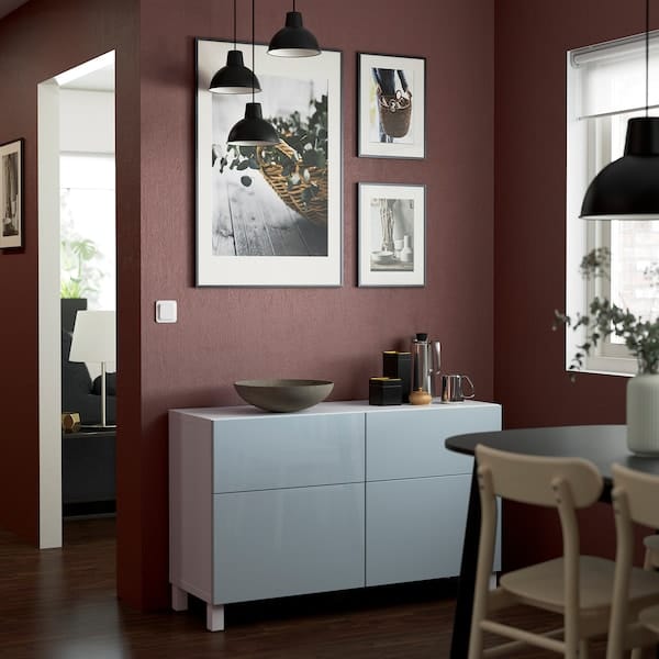 Ikea BESTÅ - Storage combination w doors/drawers, white Selsviken/Stubbarp/high-gloss light grey-blue, 120x42x74 cm