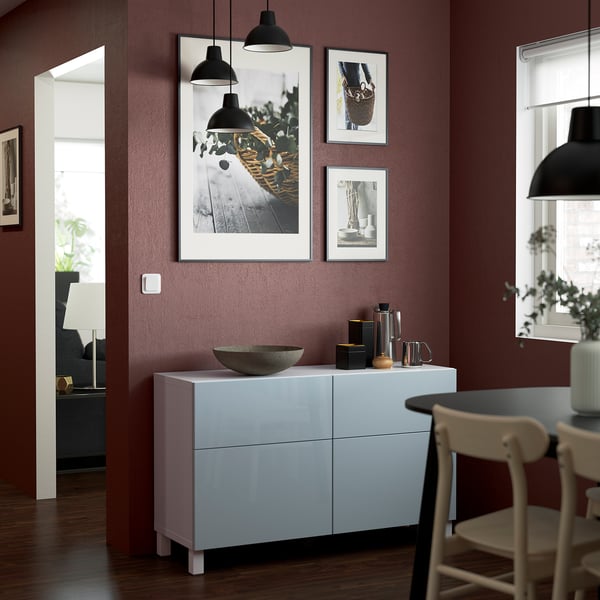 BESTÅ storage combination w doors/drawers, white Selsviken/Stubbarp/high-gloss light grey-blue, 120x42x74 cm