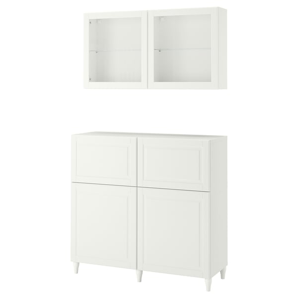 BESTÅ storage combination w doors/drawers, white Smeviken/Ostvik/Kabbarp white clear glass, 120x42x213 cm