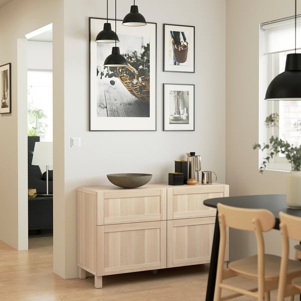 BESTÅ storage combination w doors/drawers, white stained oak effect/Hanviken/Stubbarp white stained oak effect, 120x42x74 cm