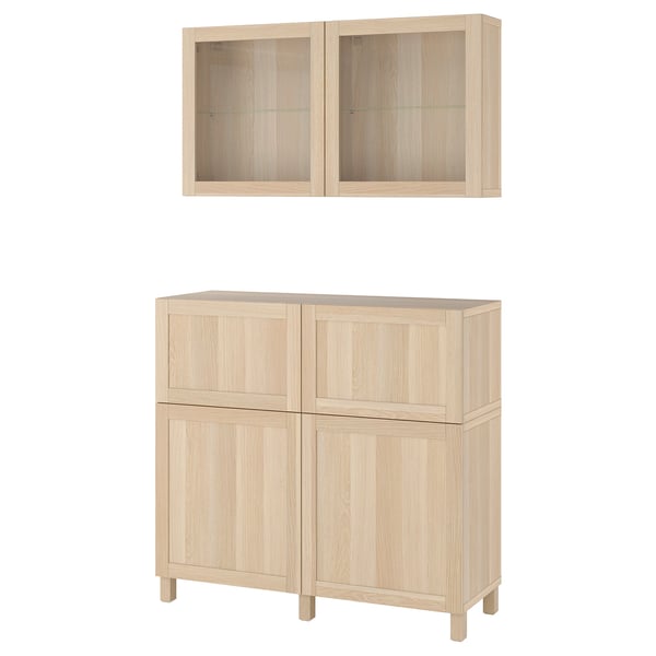 BESTÅ storage combination w doors/drawers, white stained oak effect/Hanviken/Stubbarp white stained oak eff clear glass, 120x42x213 cm