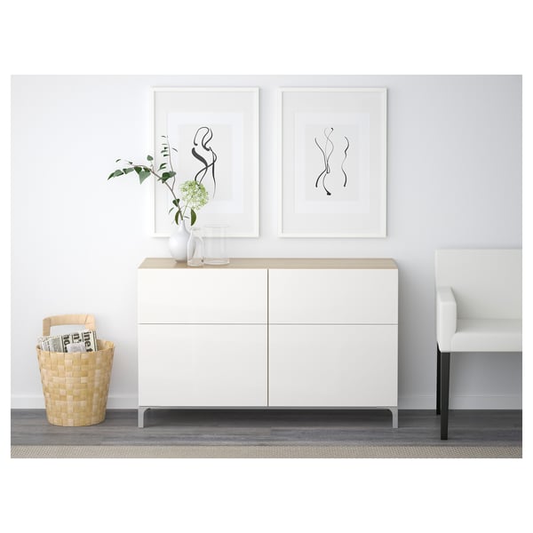 BESTÅ storage combination w doors/drawers, white stained oak effect/Selsviken high-gloss/white, 120x42x74 cm