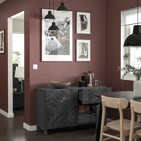Ikea BESTÅ - Storage combination w doors/drawers, dark grey Bergsviken/Stubbarp/black marble effect, 120x42x74 cm