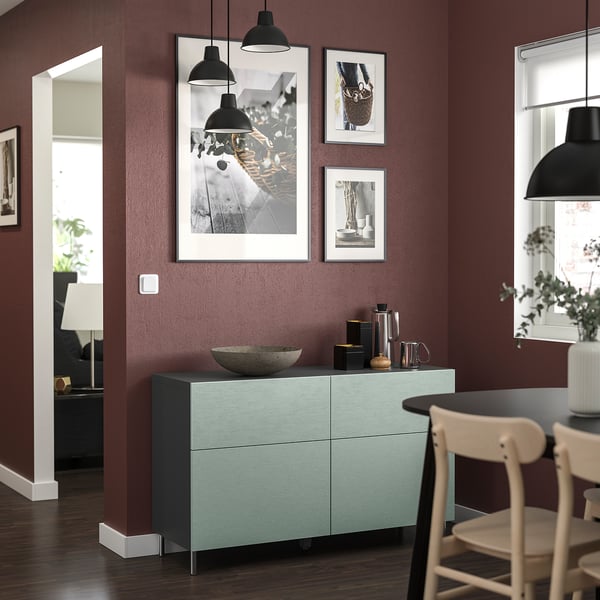 BESTÅ storage combination w doors/drawers, dark grey/Hjortviken/Ösarp pale grey-green, 120x42x74 cm
