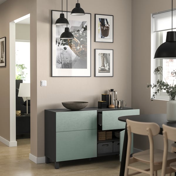 BESTÅ storage combination w doors/drawers, dark grey/Hjortviken/Stubbarp pale grey-green, 120x42x74 cm