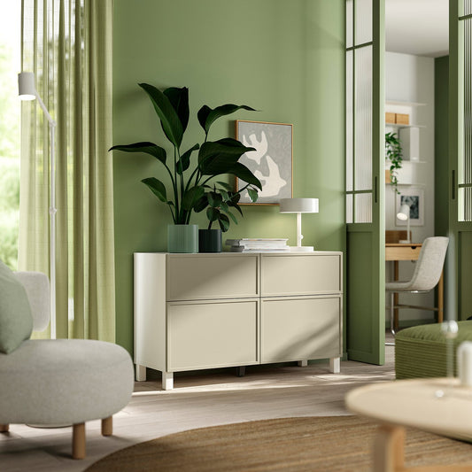 BESTÅ storage combination w doors/drawers, Krukmakare beige/Stubbarp white, 120x42x74 cm