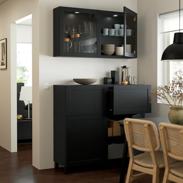BESTÅ storage combination w doors/drawers, black-brown/Hanviken/Stubbarp black-brown clear glass, 120x42x213 cm