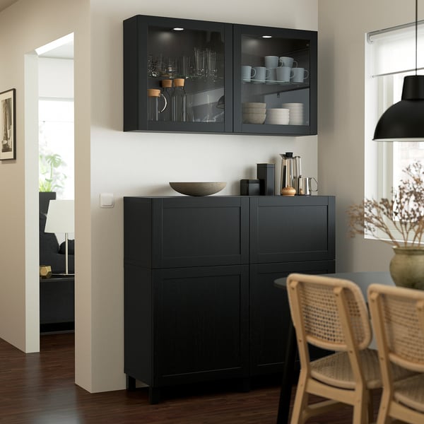 BESTÅ storage combination w doors/drawers, black-brown/Hanviken/Stubbarp black-brown clear glass, 120x42x213 cm