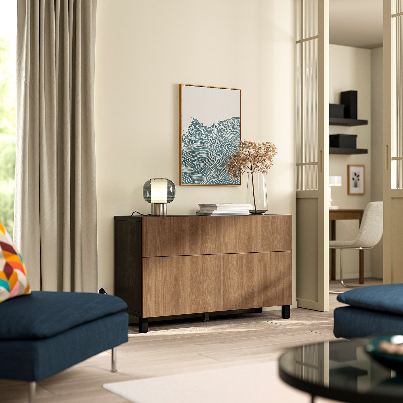 BESTÅ storage combination w doors/drawers, black-brown/Lappviken/Stubbarp walnut effect, 120x42x74 cm