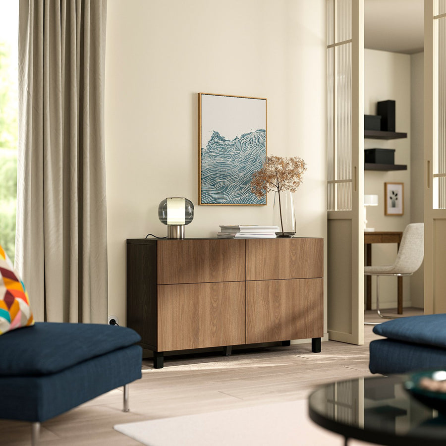 BESTÅ storage combination w doors/drawers, black-brown/Lappviken/Stubbarp walnut effect, 120x42x74 cm