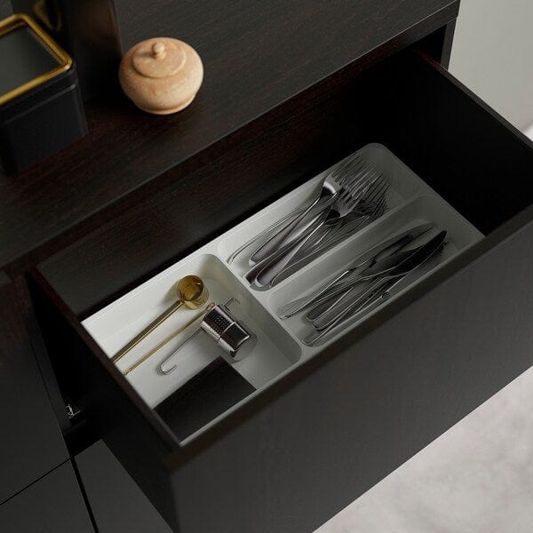 Ikea BESTÅ - Storage combination w doors/drawers, black-brown Lappviken/Stubbarp/light grey-beige clear glass, 120x42x213 cm