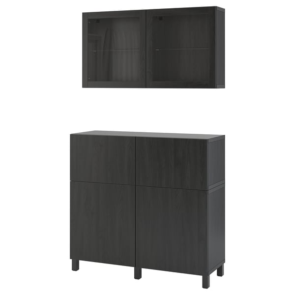 BESTÅ storage combination w doors/drawers, black-brown/Lappviken/Stubbarp black-brown clear glass, 120x42x213 cm