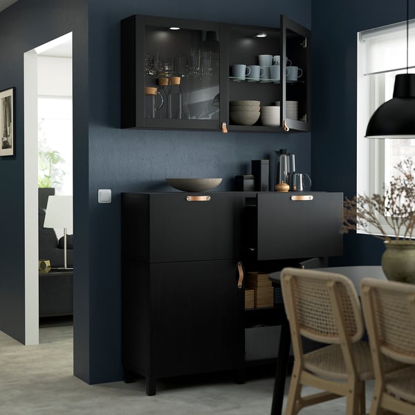 BESTÅ storage combination w doors/drawers, black-brown/Lappviken/Stubbarp black-brown clear glass, 120x42x213 cm