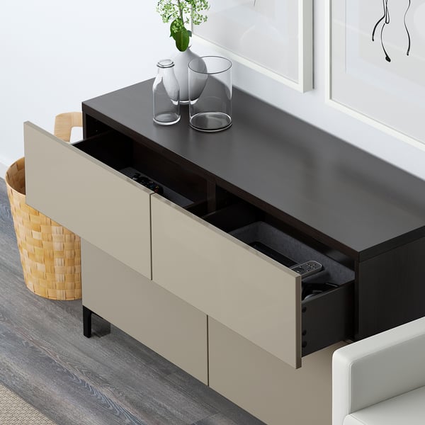 BESTÅ storage combination w doors/drawers, black-brown/Selsviken high-gloss/beige, 120x42x74 cm