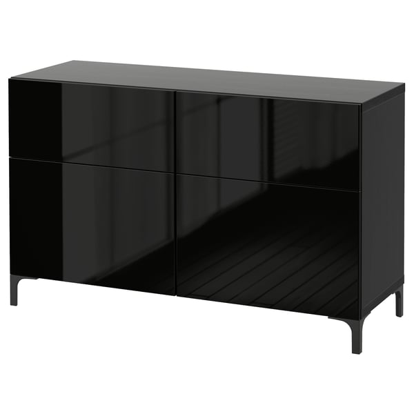 BESTÅ storage combination w doors/drawers, black-brown/Selsviken high-gloss/black, 120x42x74 cm