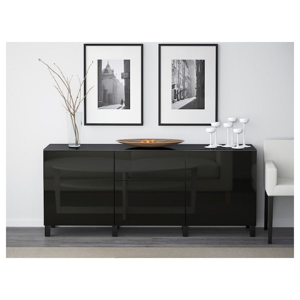 BESTÅ storage combination w doors/drawers, black-brown/Selsviken high-gloss/black, 180x42x74 cm