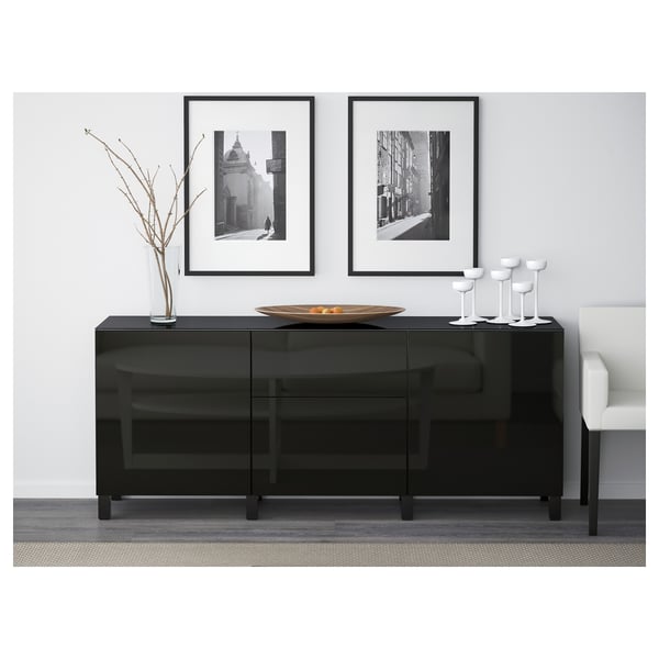 BESTÅ storage combination w doors/drawers, black-brown/Selsviken high-gloss/black, 180x42x74 cm