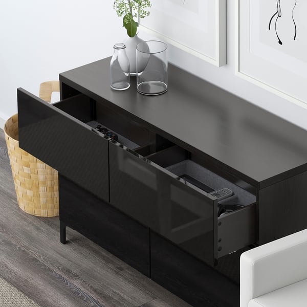 BESTÅ storage combination w doors/drawers, black-brown/Selsviken high-gloss/black, 120x42x74 cm