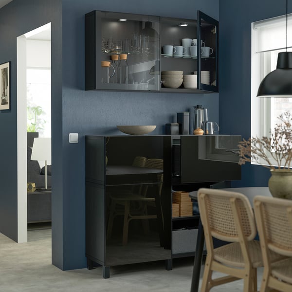BESTÅ storage combination w doors/drawers, black-brown/Selsviken/Stubbarp high-gloss/black clear glass, 120x42x213 cm