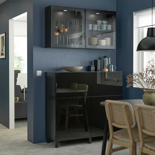BESTÅ storage combination w doors/drawers, black-brown/Selsviken/Stubbarp high-gloss/black clear glass, 120x42x213 cm