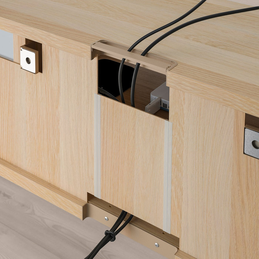 BESTÅ media storage combination, white stained oak effect Lappviken/Björköviken brown, 300x42x114 cm