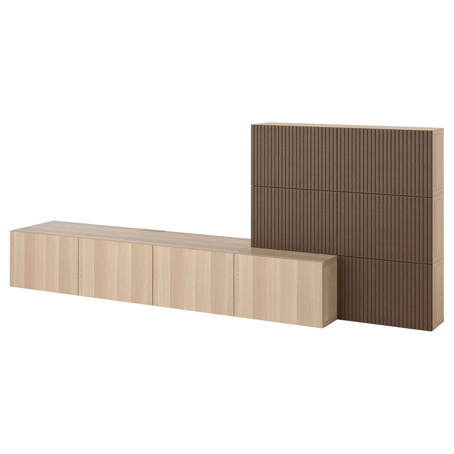 BESTÅ media storage combination, white stained oak effect Lappviken/Björköviken brown, 300x42x114 cm