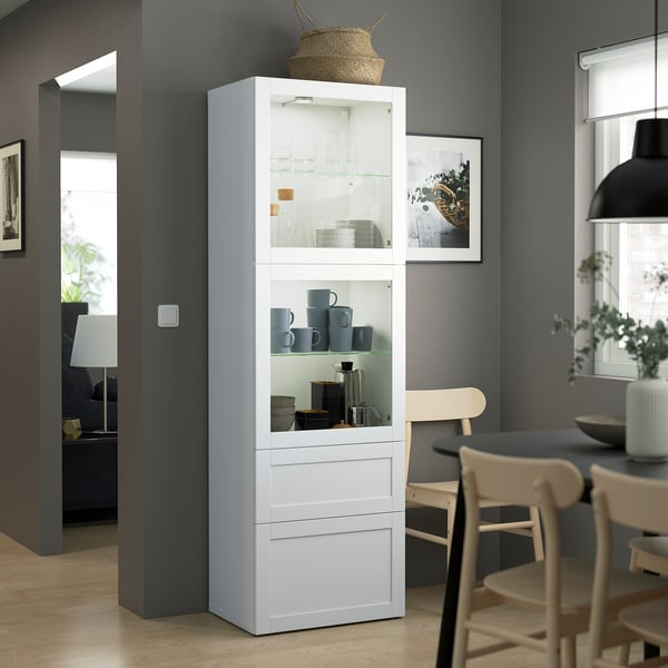 BESTÅ storage combination w glass doors, white/Hanviken white clear glass, 60x42x193 cm