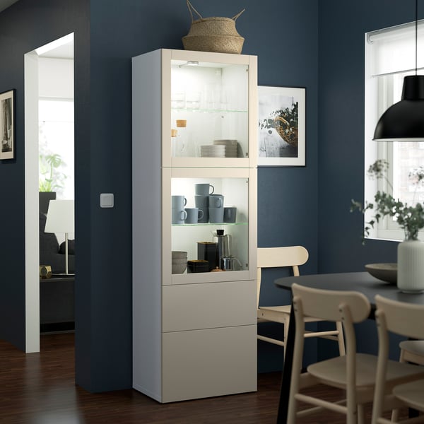 BESTÅ storage combination w glass doors, white Lappviken/light grey-beige clear glass, 60x42x193 cm
