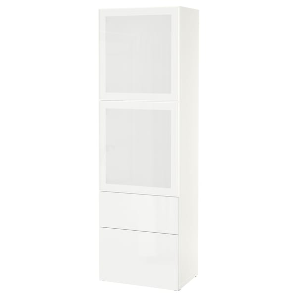 Ikea BESTÅ - Combination with glass doors, white/Selsviken gloss/white frosted glass,60x42x193 cm