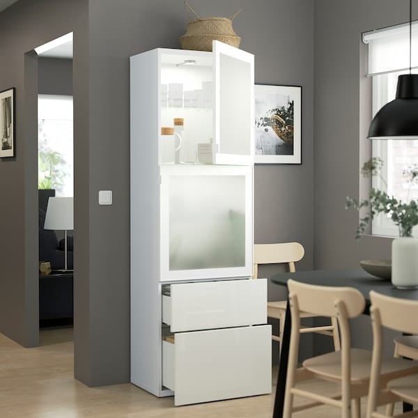 Ikea BESTÅ - Combination with glass doors, white/Selsviken gloss/white frosted glass,60x42x193 cm