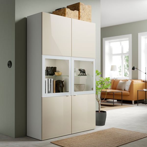 BESTÅ storage combination w glass doors, white/Selsviken high-gloss/beige clear glass, 120x42x193 cm