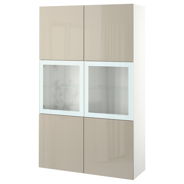 BESTÅ storage combination w glass doors, white/Selsviken high-gloss/beige clear glass, 120x42x193 cm