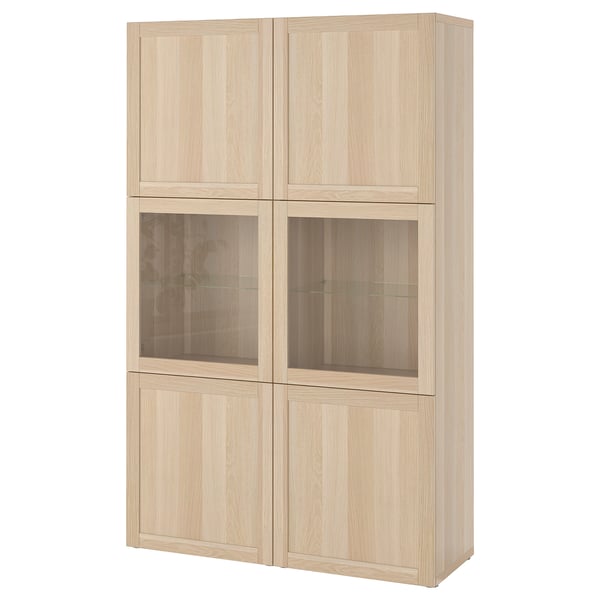 BESTÅ storage combination w glass doors, white stained oak effect/Hanviken white stained oak eff clear glass, 120x42x193 cm