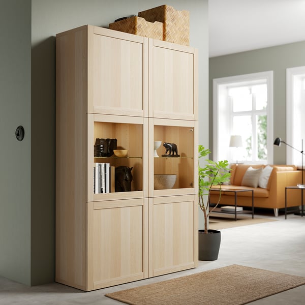 BESTÅ storage combination w glass doors, white stained oak effect/Hanviken white stained oak eff clear glass, 120x42x193 cm