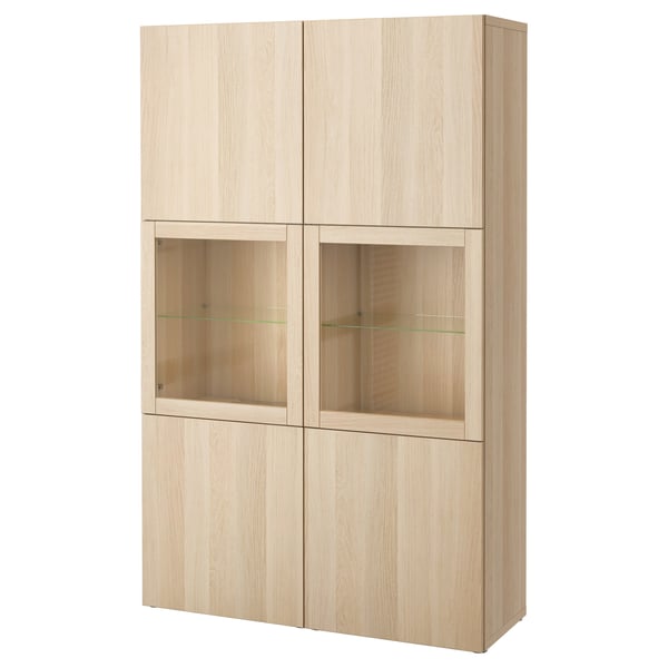 BESTÅ storage combination w glass doors, white stained oak effect Lappviken/Sindvik white stained oak eff clear glass, 120x42x193 cm