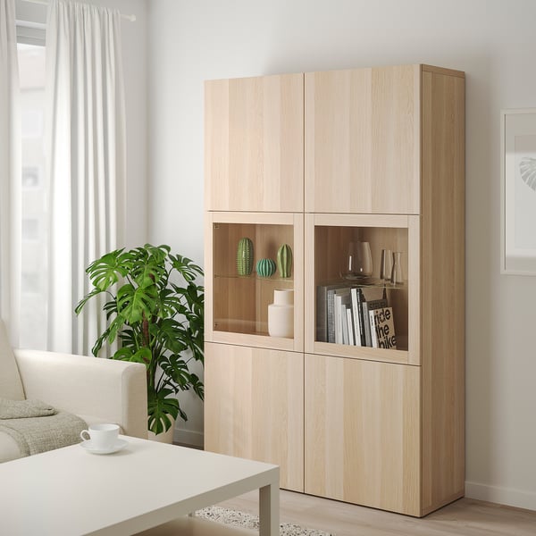 BESTÅ storage combination w glass doors, white stained oak effect Lappviken/Sindvik white stained oak eff clear glass, 120x42x193 cm
