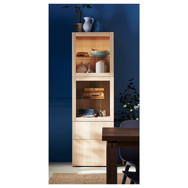 BESTÅ storage combination w glass doors, white stained oak effect/Lappviken white stained oak eff clear glass, 60x42x193 cm