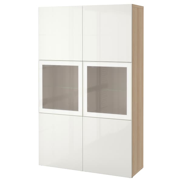 Ikea BESTÅ - Combination with glass doors, white stained oak effect/Selsviken gloss/white frosted glass,120x42x193 cm