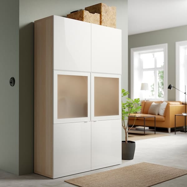 Ikea BESTÅ - Combination with glass doors, white stained oak effect/Selsviken gloss/white frosted glass,120x42x193 cm
