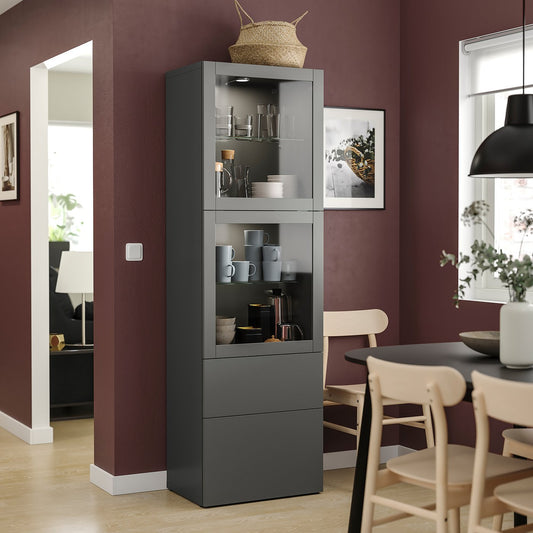 BESTÅ storage combination w glass doors, dark grey Lappviken/Sindvik dark grey, 60x42x193 cm